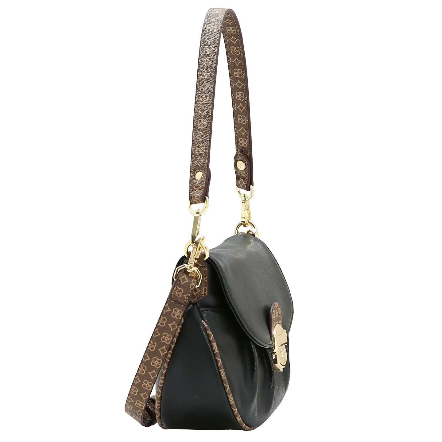 Bolsa Chenson feminina preta vista lateral mostrando profundidade e alça longa com padrão monograma